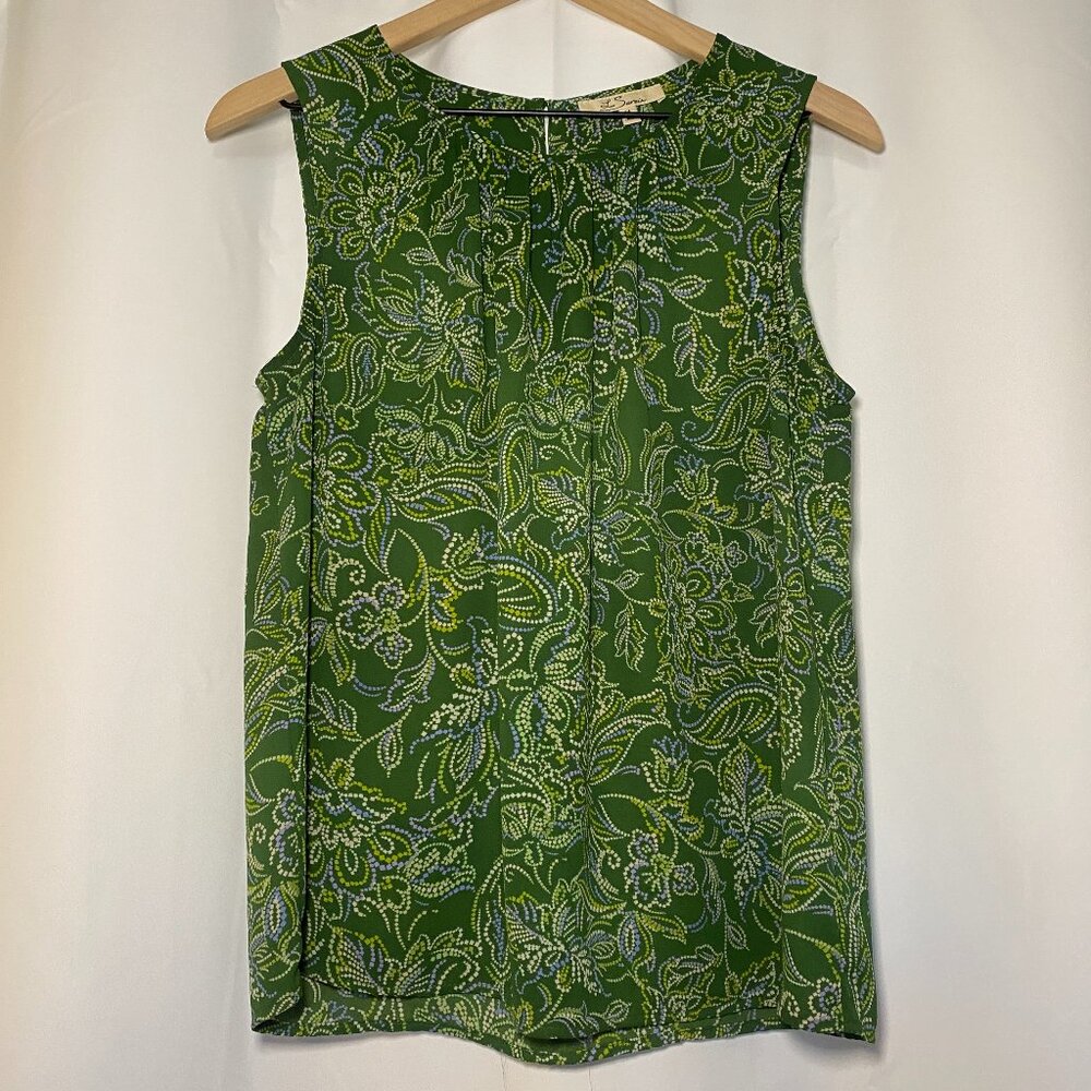 Les Serein Analia Pleated Blouse Womens M Green Floral Sleeveless Keyhole EUC